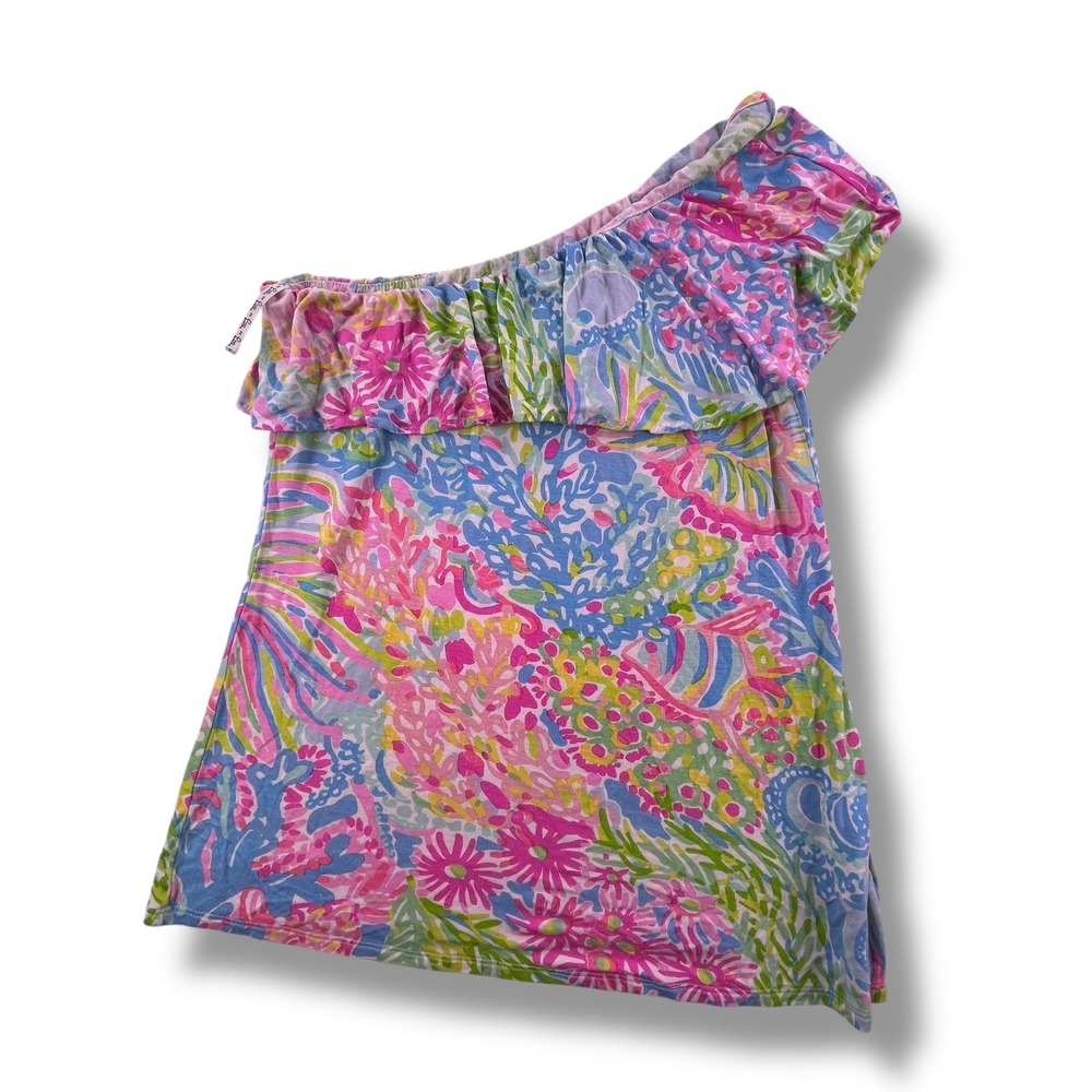 Lilly Pulitzer One Shoulder Ruffle Top Pink Blue Tropical Floral Coral Small